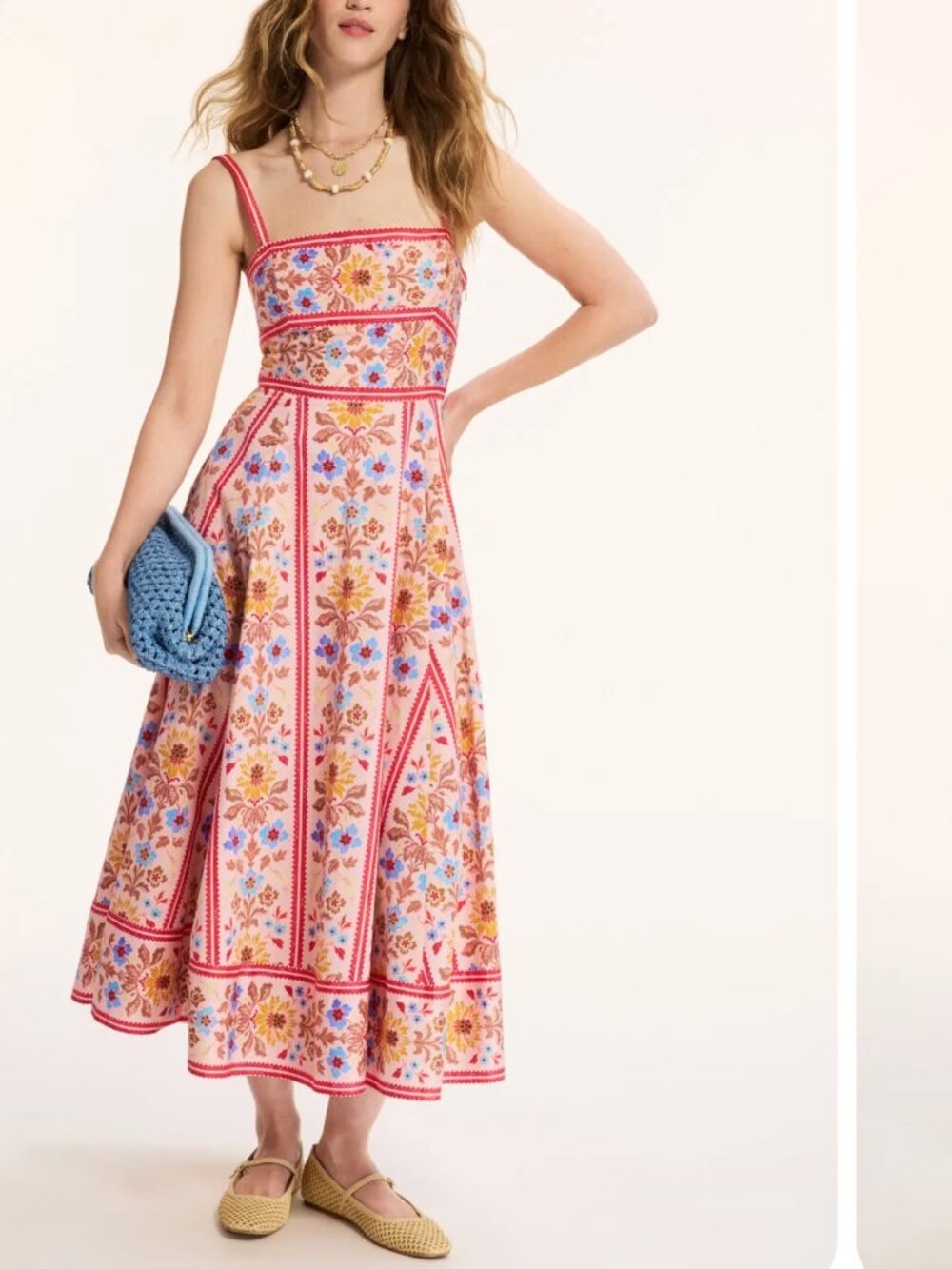 Hill House Margot Pink Floral Midi Dress with Blue and Yellow Accents - Picture 2 of 3